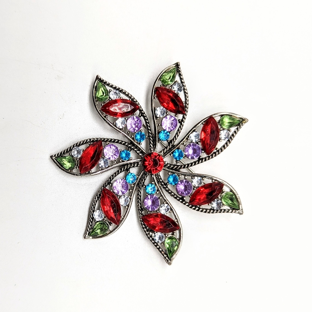Vintage Floral Multicolored Rhinestone Brooch Pin